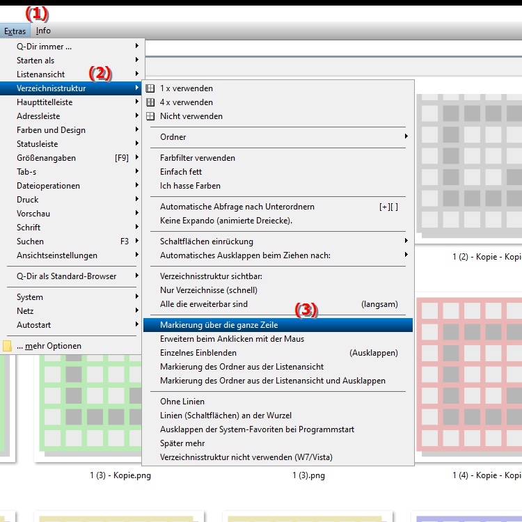 Wie funktioniert die Markierung über die ganze Zeile in der Verzeichnisstruktur des Datei Explorers